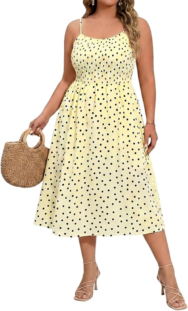 Beautife Women's Plus Size Midi Dress Summer Polka Dot Square Neck Long Dresses Spaghetti Strap S... | Amazon (US)