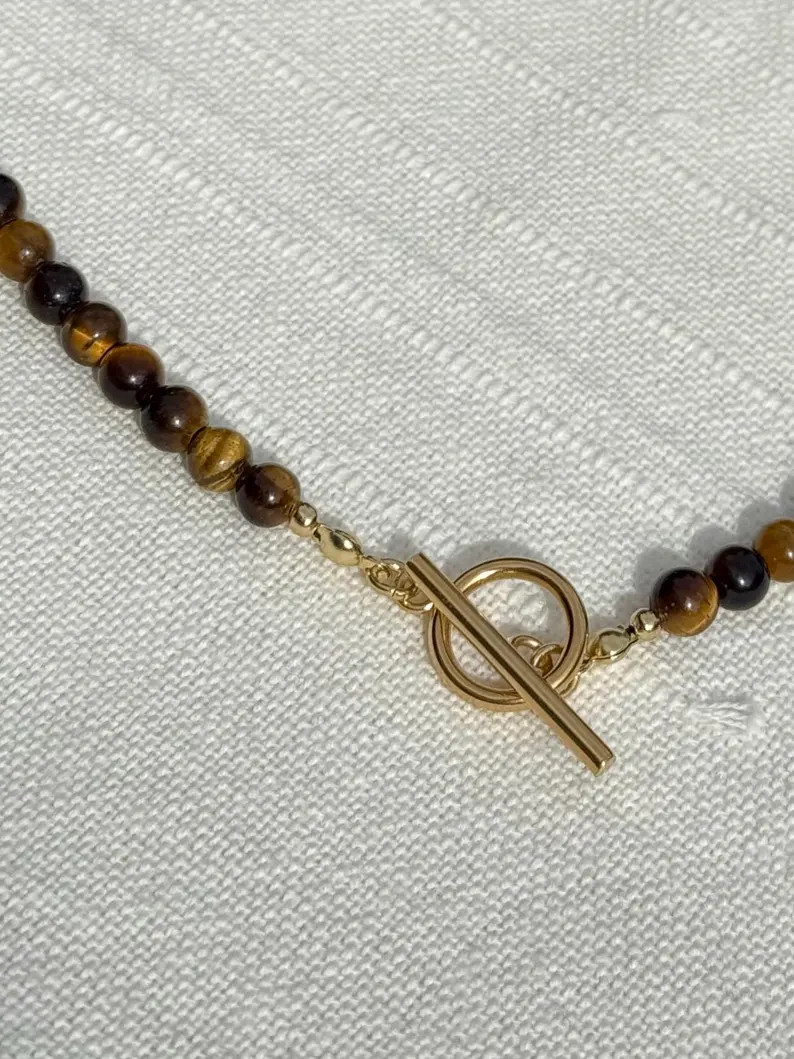 Natural Tigers Eye Beaded Necklace, Gold Toggle Clasp, Layering Jewellery | Etsy (Global)
