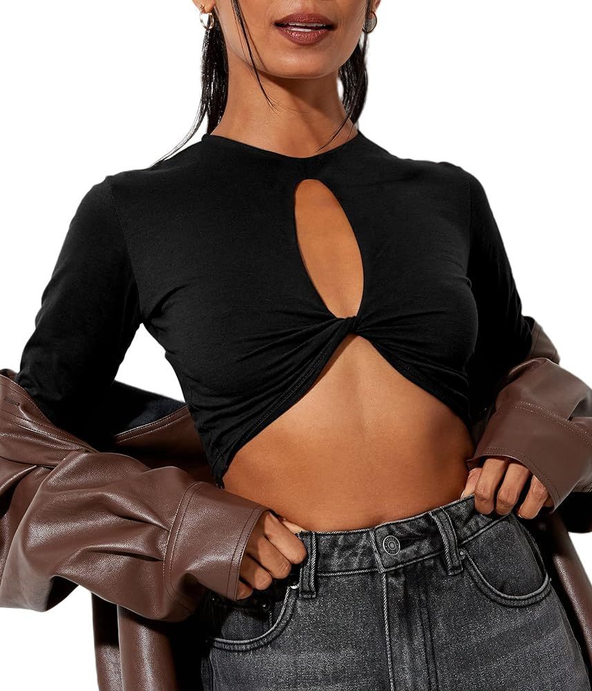 Remidoo Women's Sexy Long Sleeve Cut Out Crop Top Solid Slim Fitted T Shirt with Thumb Hole | Amazon (US)