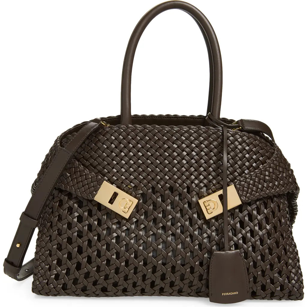 FERRAGAMO Small Hug Woven Leather Top Handle Bag in Testa Di Moro at Nordstrom | Nordstrom
