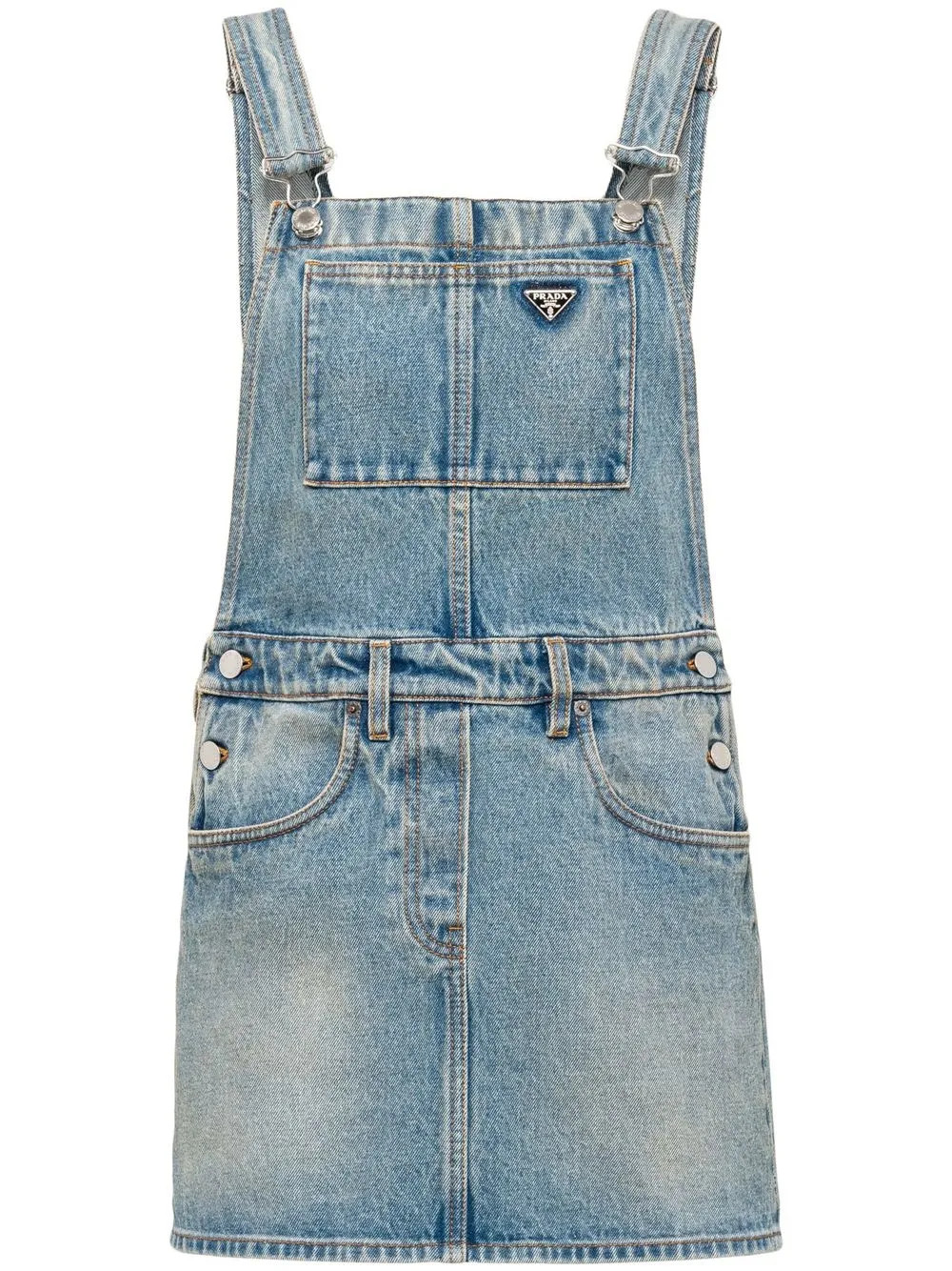 Prada logo-plaque Denim Bib Dress | Blue | FARFETCH | Farfetch Global