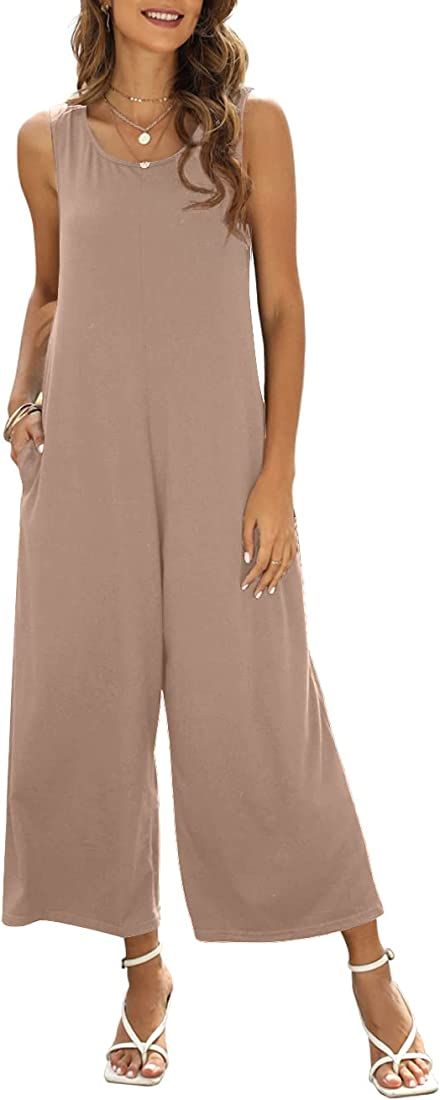 Nfsion Women's Summer Casual Loose Tank Jumpsuit Sleeveless Crewneck Jumpsuit Romper with Pockets | Amazon (US)