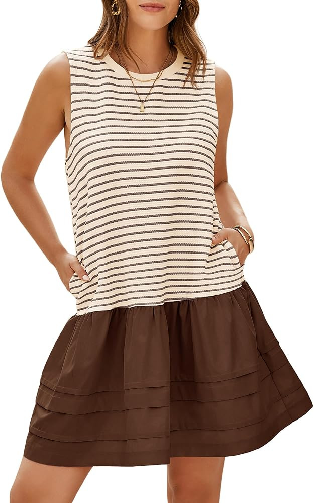 Wenrine Womens Summer Tank Mini Dress Casual Striped Sleeveless Crewneck Constrast Patchwork Loos... | Amazon (US)
