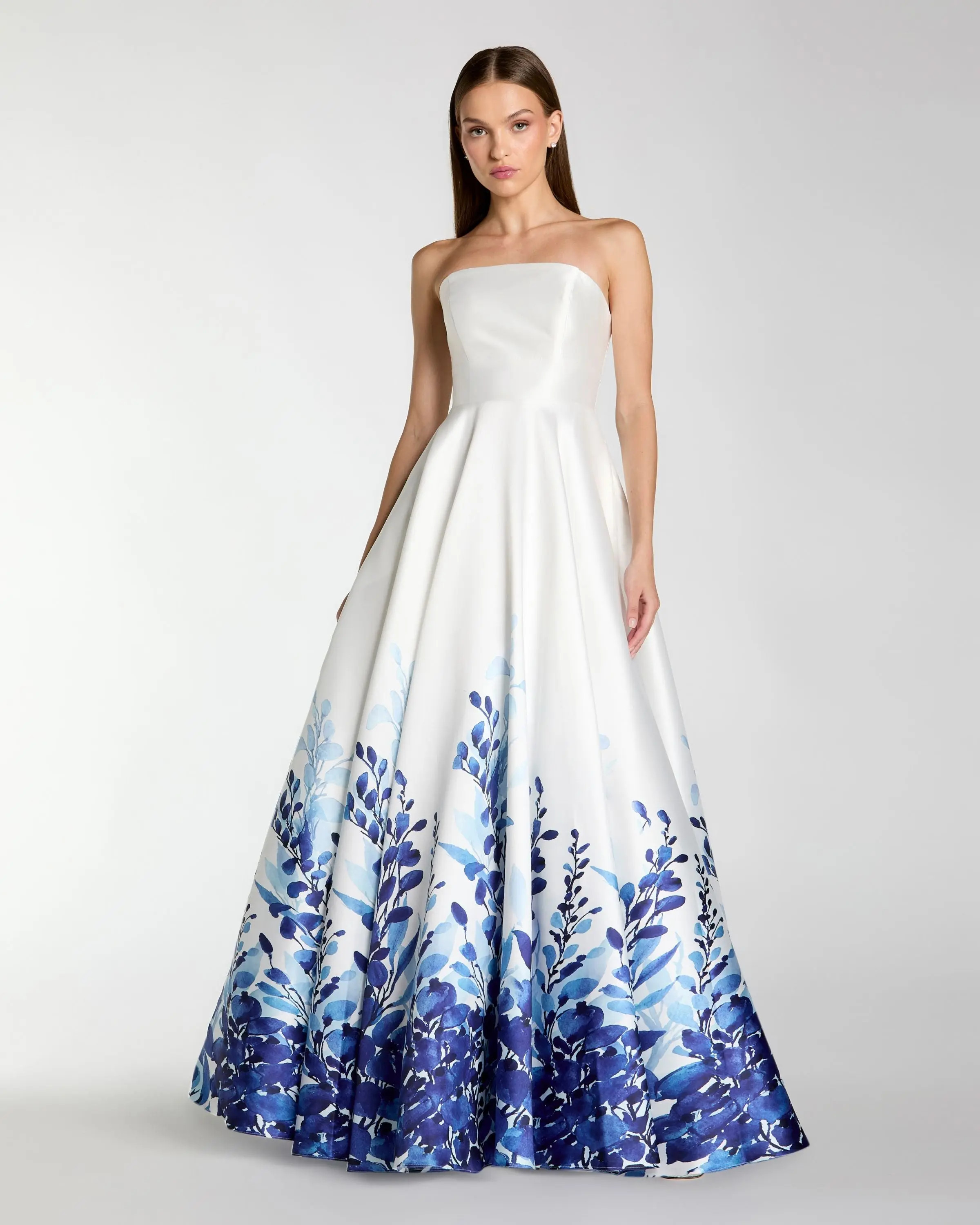 White Strapless Floral Printed Mikado Ball Gown | Mac Duggal | Mac Duggal