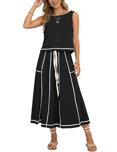 HOWALOOK Women’s 2 Piece Cotton Skirt Set Sleeveless Draped Tank Top Drawstring Midi Skirt Y2K Lounge Outfits(Black-M) | Amazon (US)