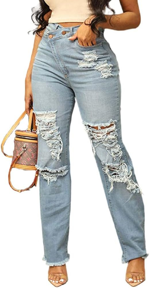 LAFOURAM Womens Ripped Jeans High Waisted Crossover Fashion Trendy Stretch Raw Wide Leg Distresse... | Amazon (US)