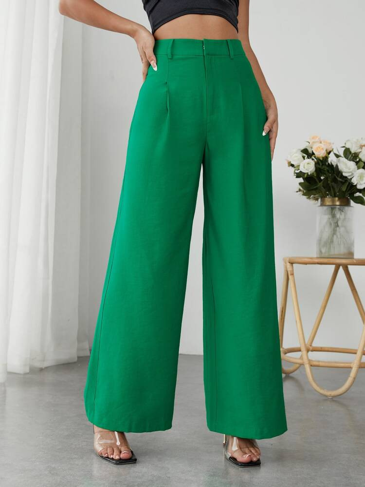 SHEIN PETITE Solid Plicated Detail Wide Leg Pants | SHEIN