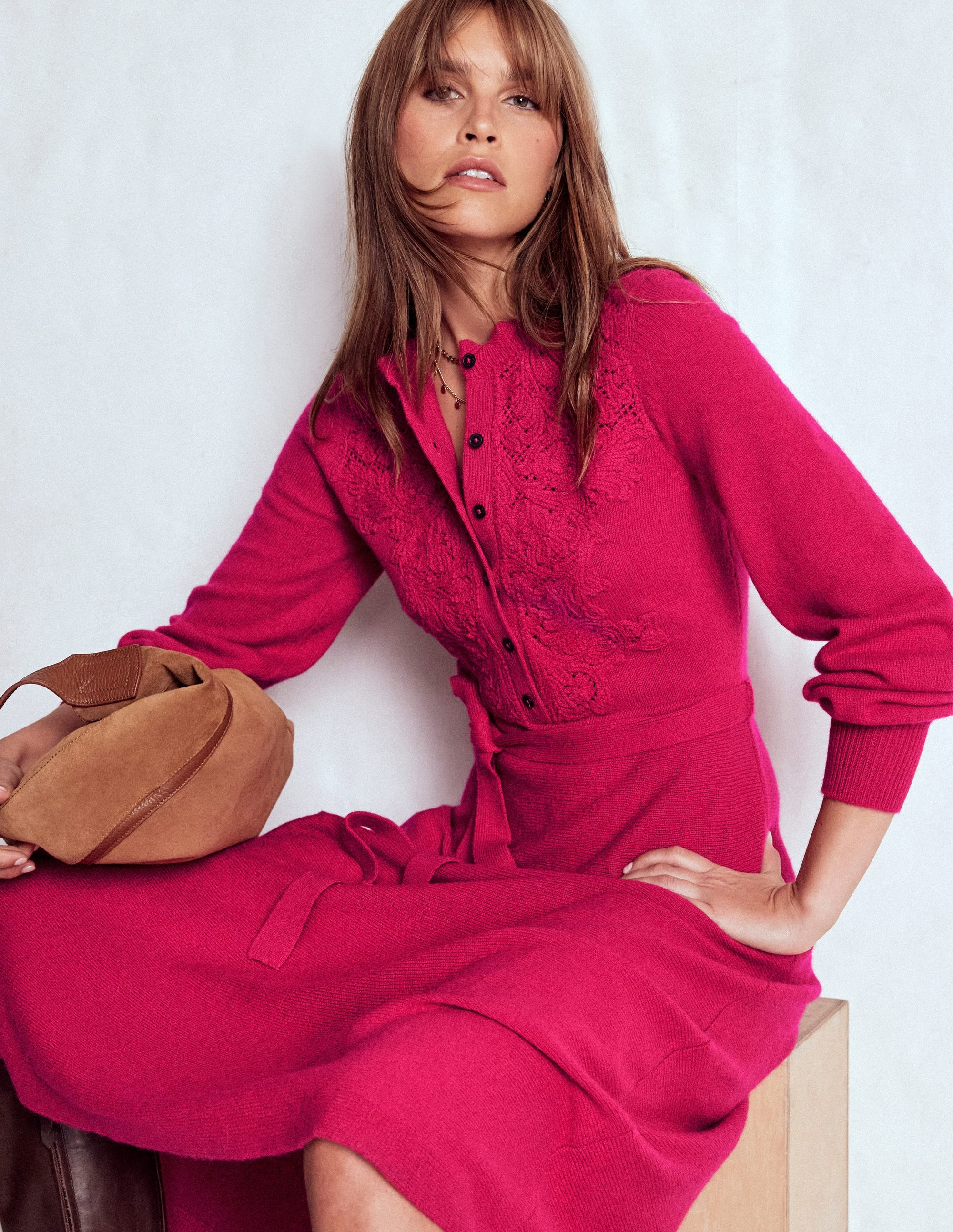 Lace Insert Knitted Midi Dress-Vibrant Pink | Boden (US)