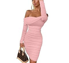GOKATOSAU Women's Sexy Elegant Ruffle Long Sleeve Off Shoulder Ruched Party Mini Dress | Amazon (US)