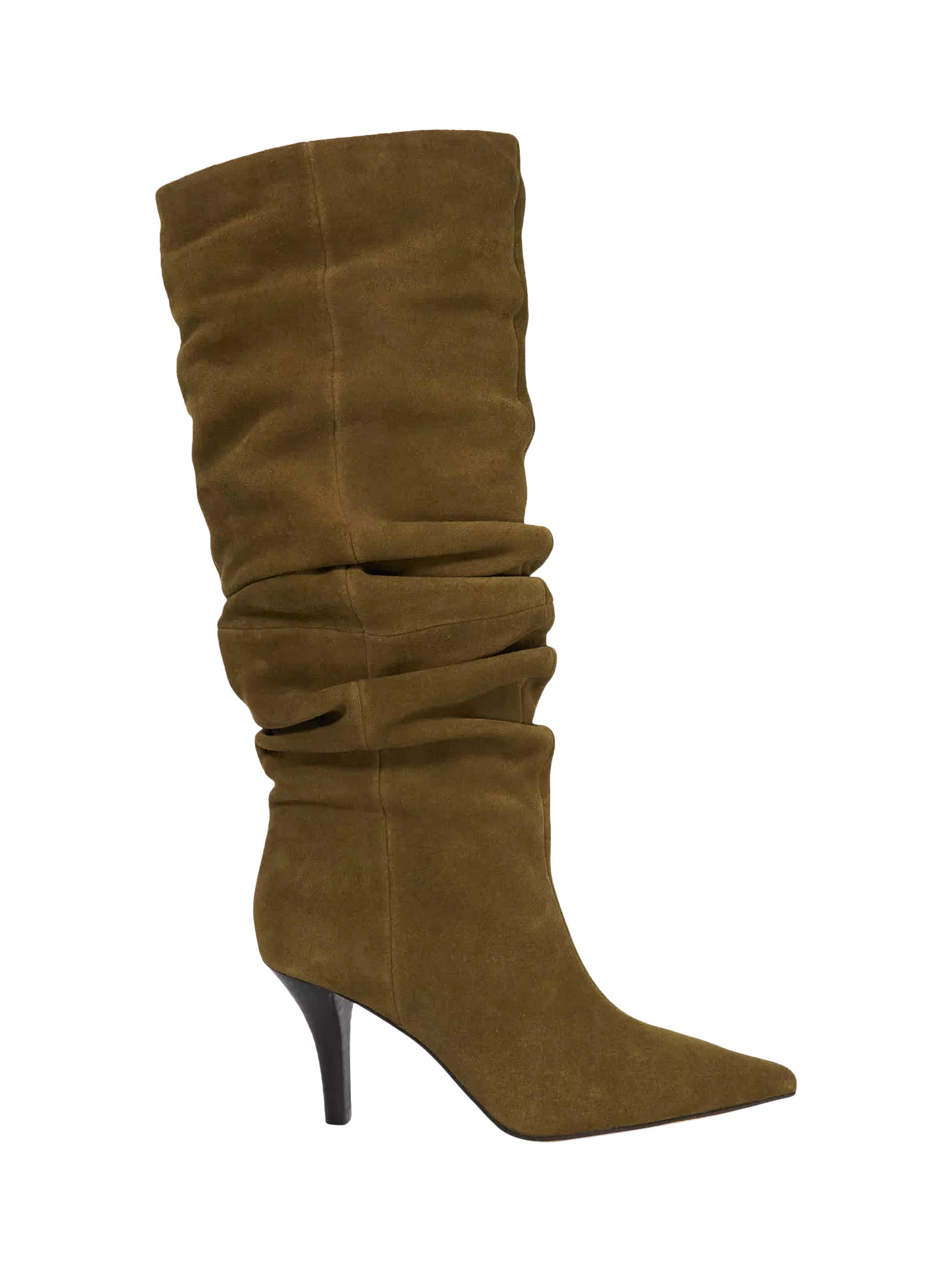 Dune London Santi Stiletto Heel Knee Length Suede Boots, Khaki | John Lewis (UK)