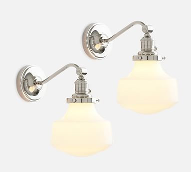 PB Classic Schoolhouse Milk Glass Hood & Nickel Curved Arm Sconce, Small , Set of 2 | Pottery Barn (US)