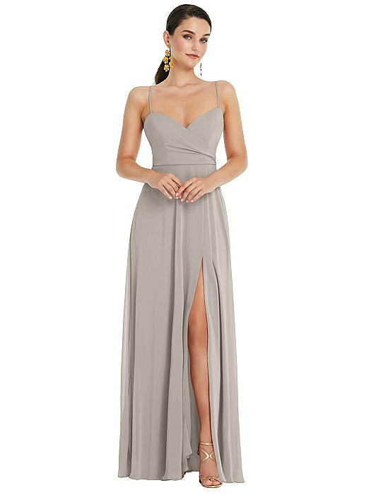 Adjustable Strap Wrap Bodice Maxi Dress with Front Slit | The Dessy Group