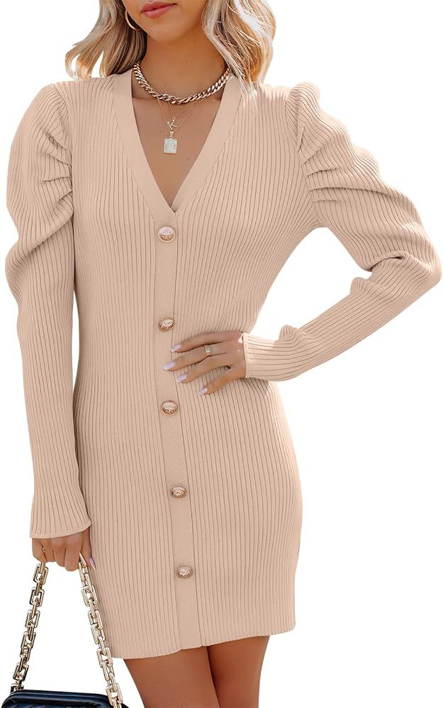 Women's Puff Long Sleeve V Neck Buttons Ribbed Knit Slim Fit Pullover Sweater Bodycon Mini Dress | Amazon (US)