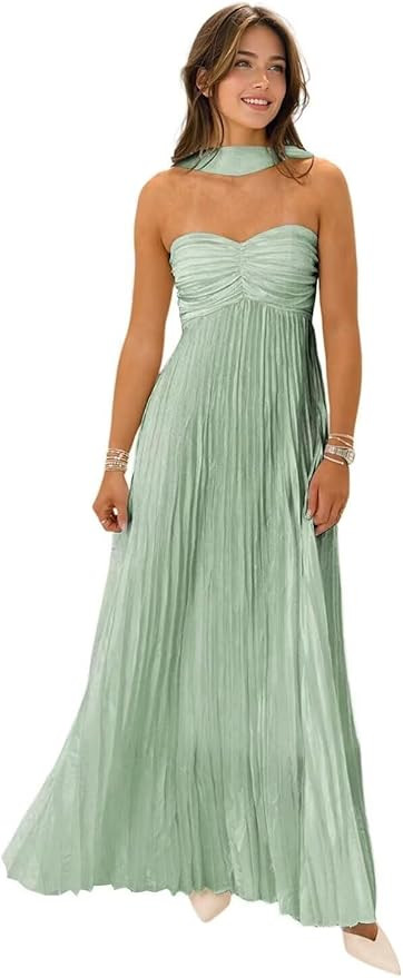 Women's Strapless Chiffon Bridesmaid Dresses with Scarf Long A-Line Pleated Formal Evening Dress ... | Amazon (US)
