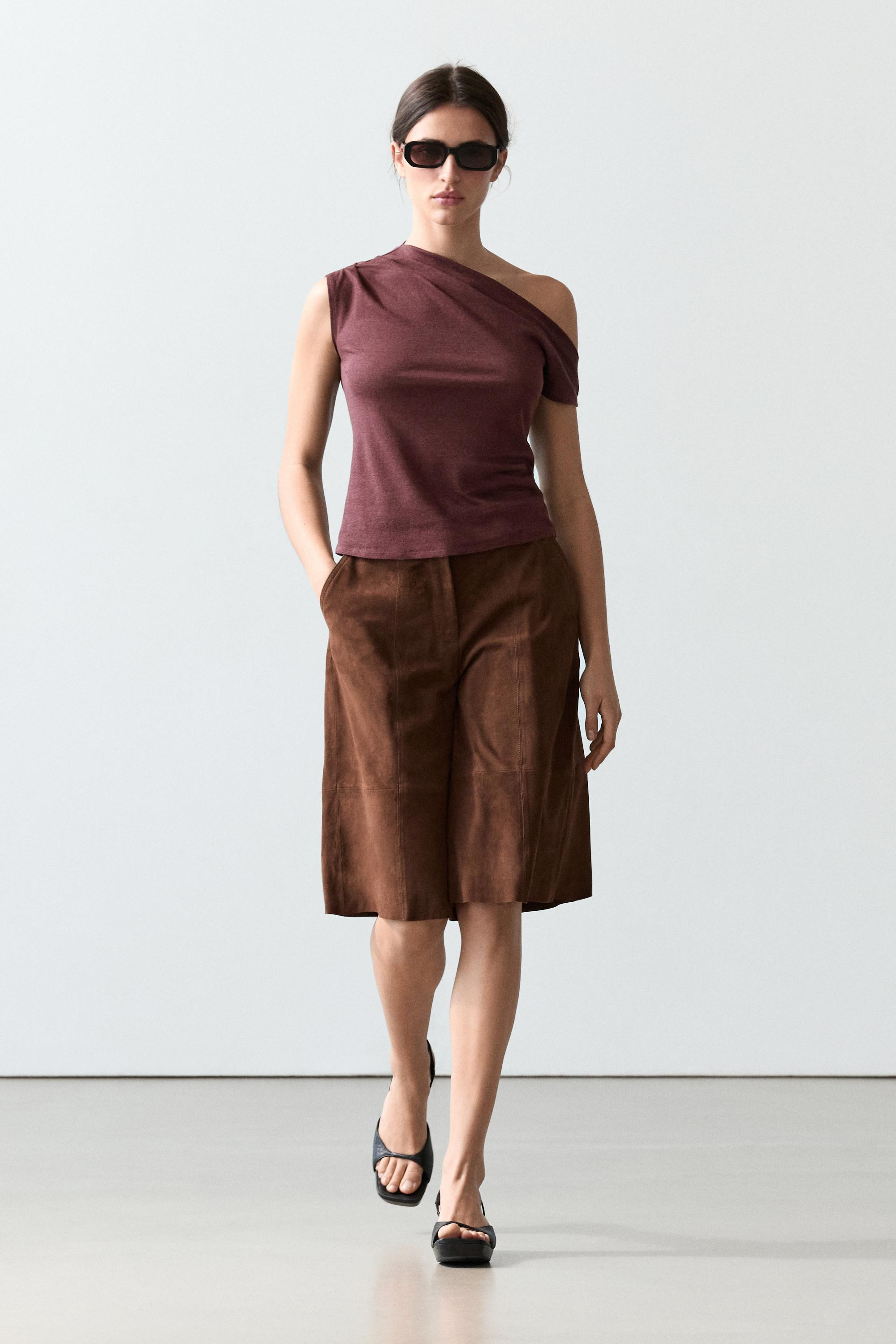 Asymmetric linen blend top with draped detail · Burgundy, Washed · T-shirt | Massimo Dutti | Massimo Dutti UK