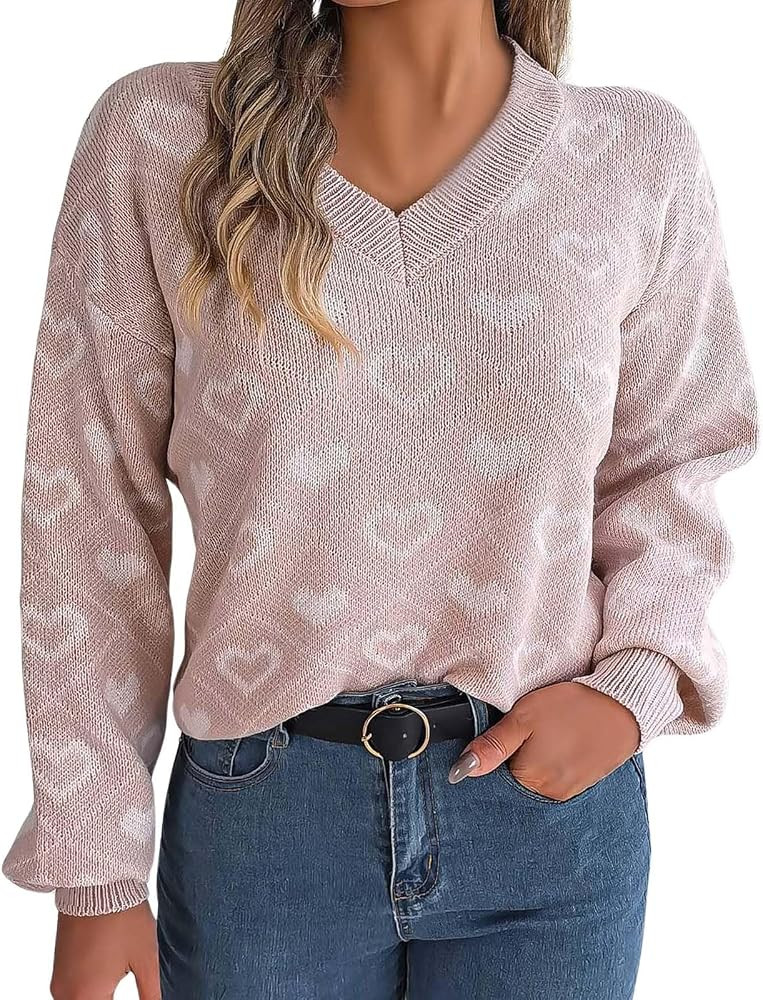Womens V Neck Knit Sweaters Love Heart Printed Lantern Long Sleeve Pullover Tops Valentines Day T... | Amazon (US)