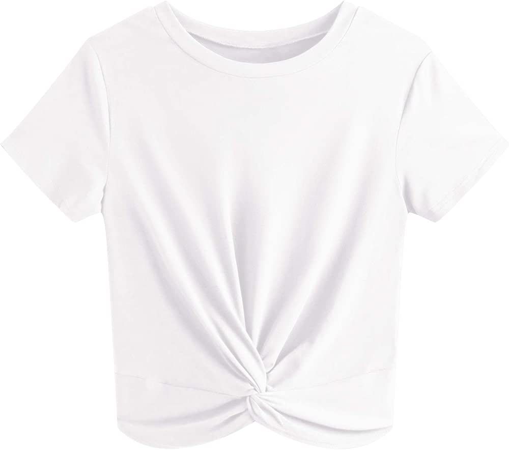 JINKESI Women's Summer Causal Short Sleeve Blouse Round Neck Crop Tops Twist Front Tee T-Shirt | Amazon (US)