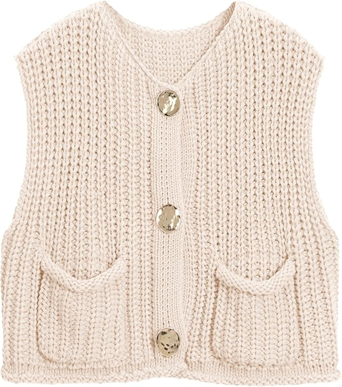 Hixiaohe Womens Crochet Chunky Knit Top Sleeveless Button Down Crop Tops Trendy Cardigan Sweater ... | Amazon (US)