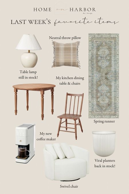 Last week’s favorites! Table lamp, neutral throw pillow, spring runner, kitchen dining table and chairs, my new pretty white coffee maker, swivel chair, viral planters. All in stock! 

#target #walmart #bestsellers #homedecor #newfinds

#LTKhome #LTKSeasonal