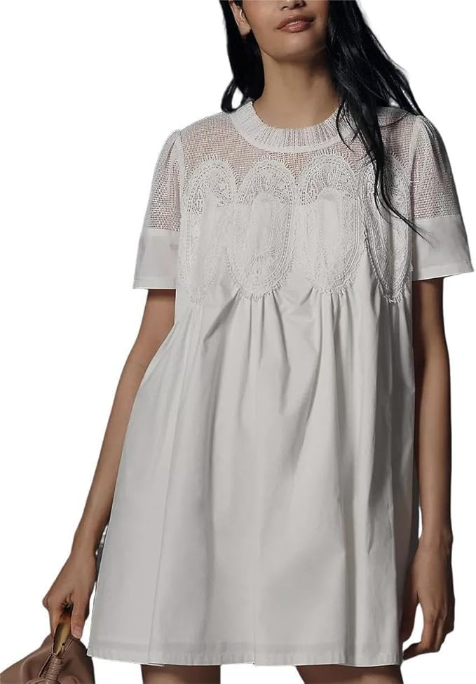 VAOYIU Women Crochet Lace Mini Dress Round Neck Short Sleeve Sheer Mesh Clothing Casual Outfits w... | Amazon (US)