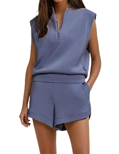MISSACTIVER Women Half Zip 2 Piece Outfits Sweatsuit Cap Sleeve Sweatshirt Drawstring Shorts Summer Lounge Set | Amazon (US)