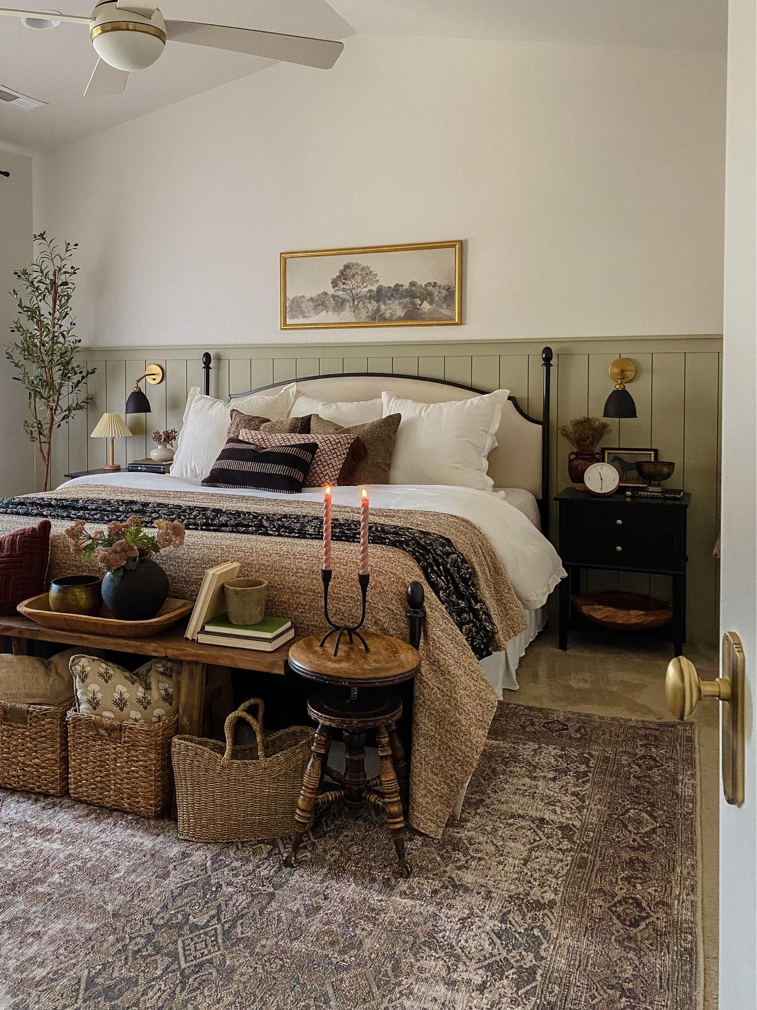 Our primary bedroom inspiration, old-world, collected, vintage style, loloi rug, Kantha quilt, noodle bench, wooden bench, Target style, home decor, Amazon finds, black affordable nightstands, affordable home decor, budget friendly home decor, four post bed, Turkish pillows, vintage pillows, checkered throw blanket, euro pillows, four post bed, budget friendly, euro pillows, vintage candle holders, antique piano stool, collected home, brown curtains, custom drapes

#LTKsalealert #LTKstyletip #LTKhome