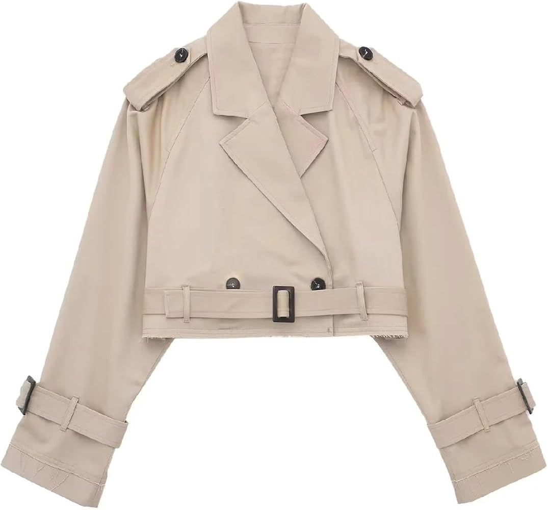 BQDCQB Womens Cropped Trench Coat Casual Loose Lapel Short Jackets Fall Double Breasted Trench Ja... | Amazon (US)