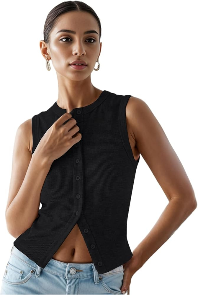 Women’s Button Down Tank Tops Ribbed Summer Vest Button Up Open Front Sleeveless Slim Fit Crop ... | Amazon (US)