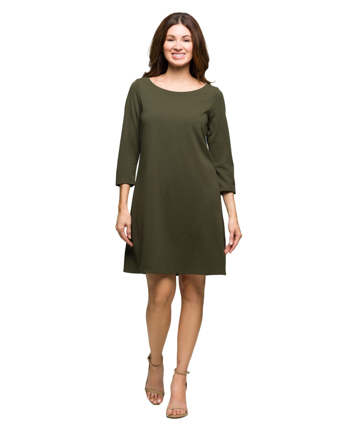 24seven Comfort Apparel Women's Three Quarter Sleeve A Line Knee Length Dress - Olive | Macy's