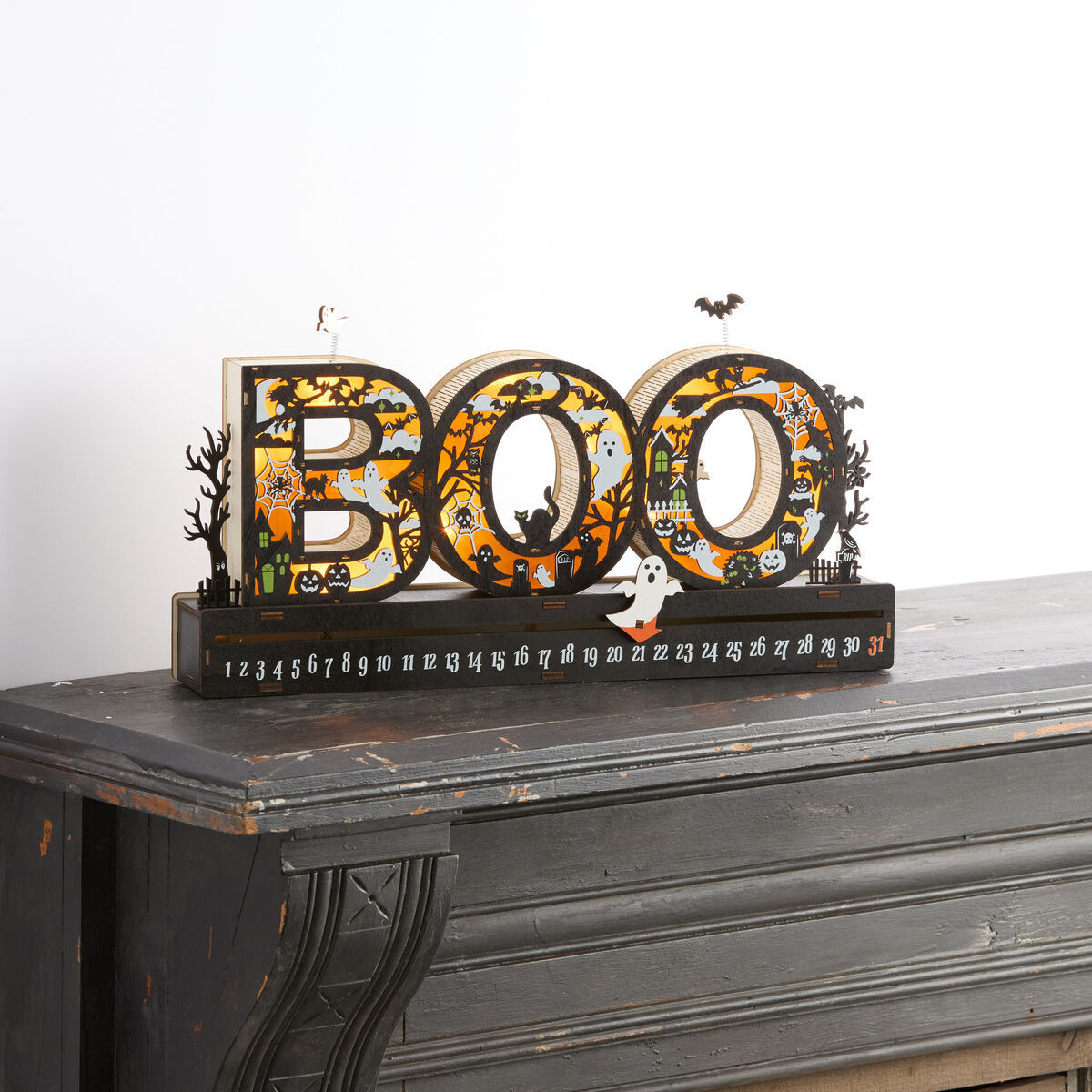 Laser Cut Wood Boo Halloween Countdown LED Light Up Decor in Orange by World Market | World Market