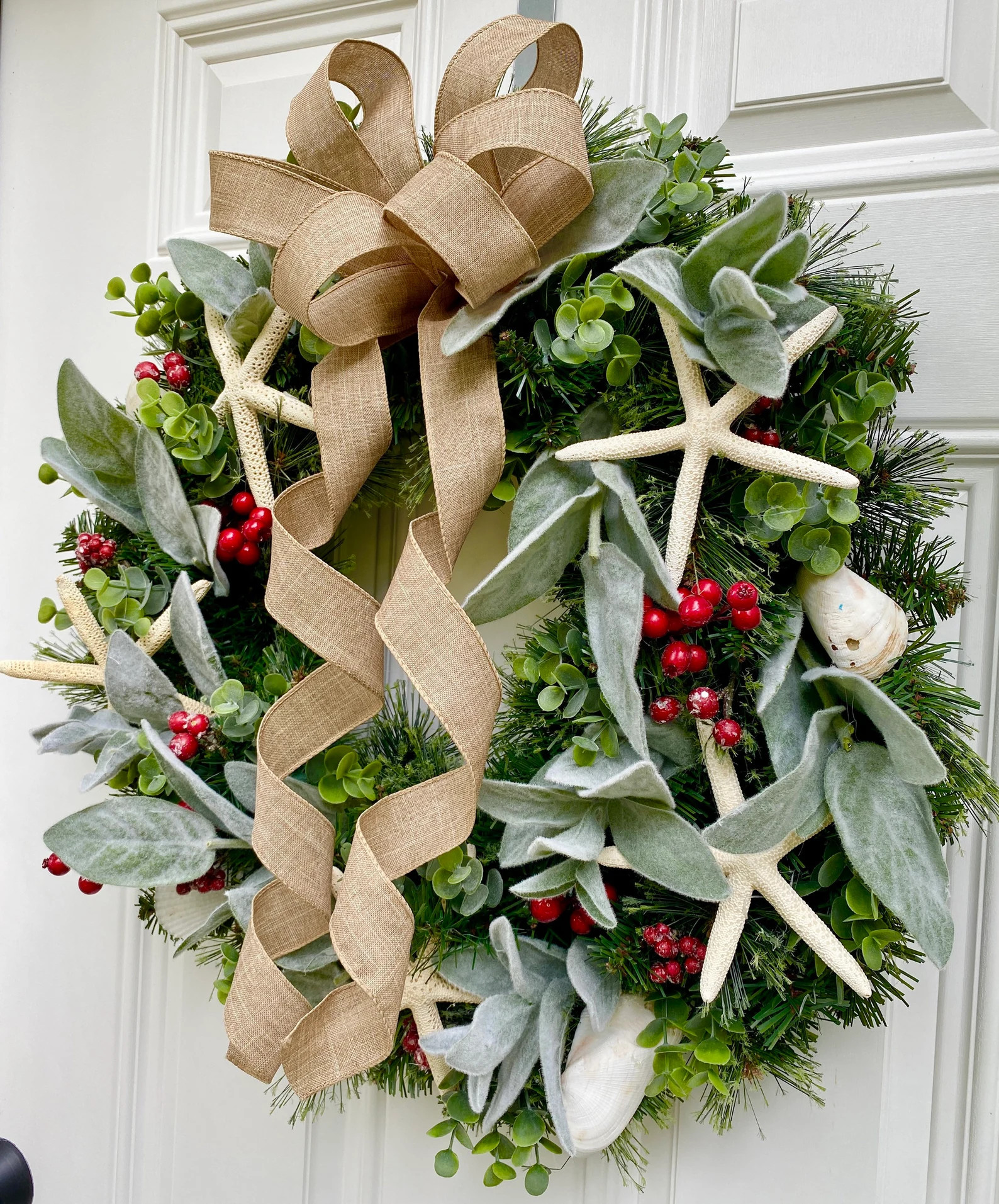 Nautical Christmas Evergreen Wreath With Starfish and Lambs - Etsy | Etsy (US)