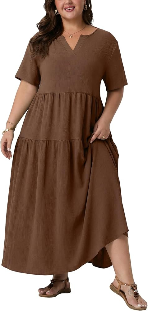 OLRIK Plus Size Maxi Dresses for Curvy Women - Flowy Boho Summer Dress with Pockets, V-Neck Short... | Amazon (US)