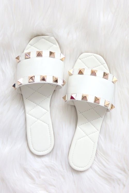 Studded Single Band Sandals Slides-White | Fashion Junkee