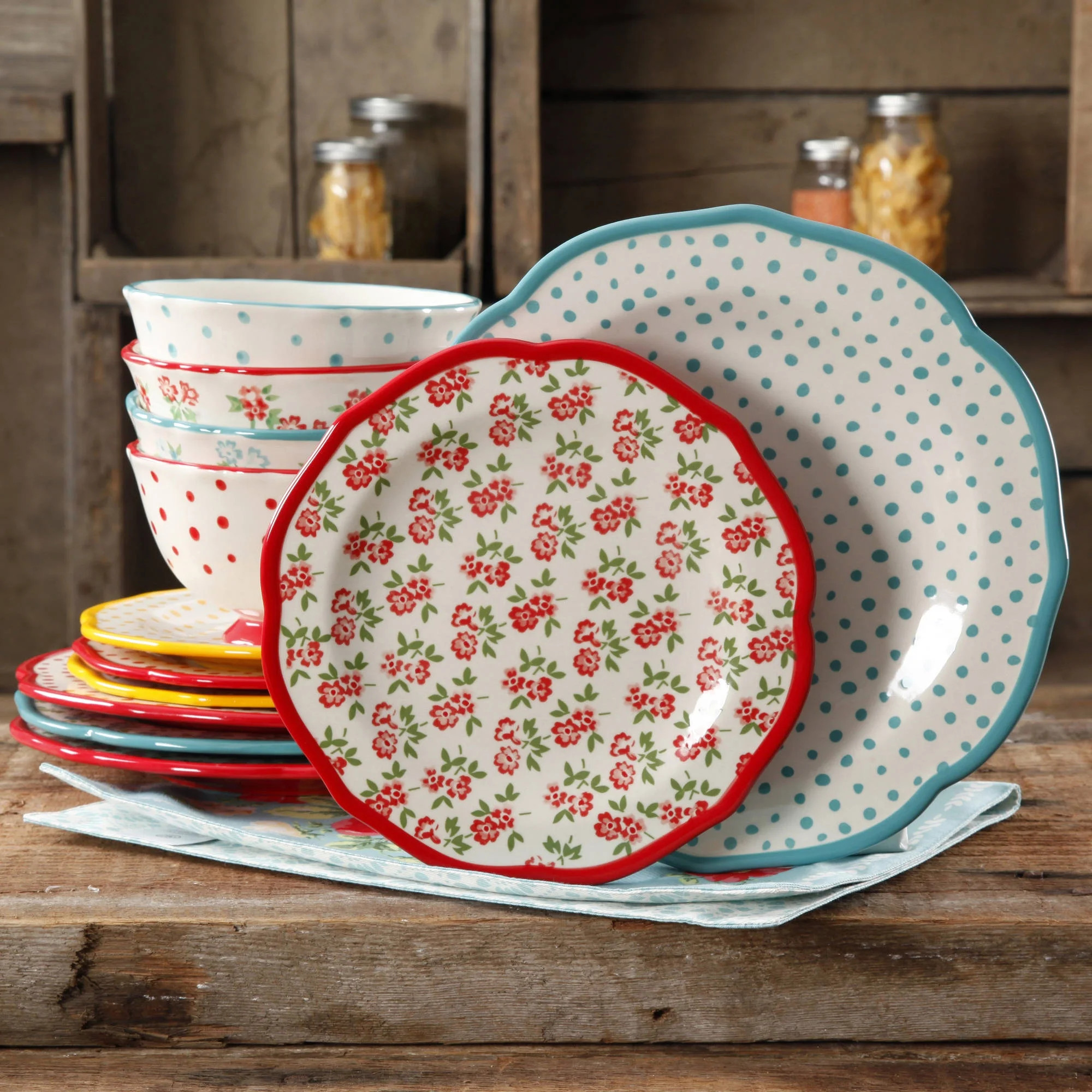 The Pioneer Woman Timeless Floral & Retro Dot 12-Piece Dinnerware Set, Multicolor | Walmart (US)