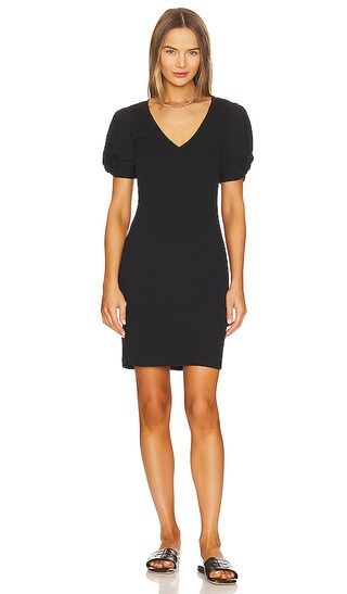 Puff Sleeve V Neck Ruched Dress in Rich Black | Revolve Clothing (Global)