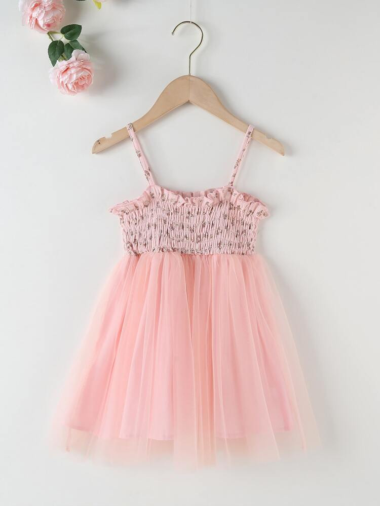 Toddler Girls Floral Print Shirred Frilled Mesh Hem Cami Dress | SHEIN