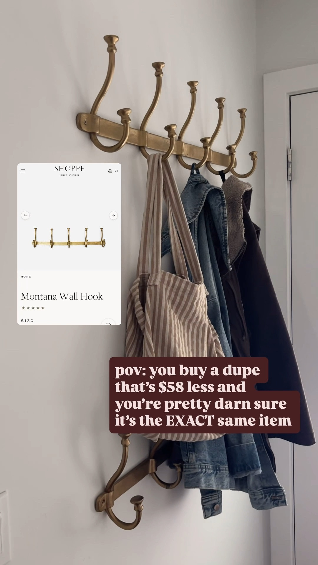 Amber Interiors Montana Wall Hook dupe! ✨

I found the perfect lookalike for the Amber Interiors Montana Wall Hook — and I got it for $58 less! The Wayfair version has that same beautiful aged-brass finish and vintage-inspired design but at a much more affordable price point. In fact, I think it’s the EXACT same item. 😱

It’s one of those small upgrades that makes a big difference in your space — perfect for an entryway, bathroom, or mudroom to add both style and function. I love how it ties into my modern organic decor and brings a warm, timeless touch to my walls.

If you love Amber Interiors dupes, brass home accents, or affordable wall hooks, this one’s worth checking out. Linked both here so you can compare the savings yourself!

#LTKFindsUnder100 #LTKSaleAlert #LTKHome