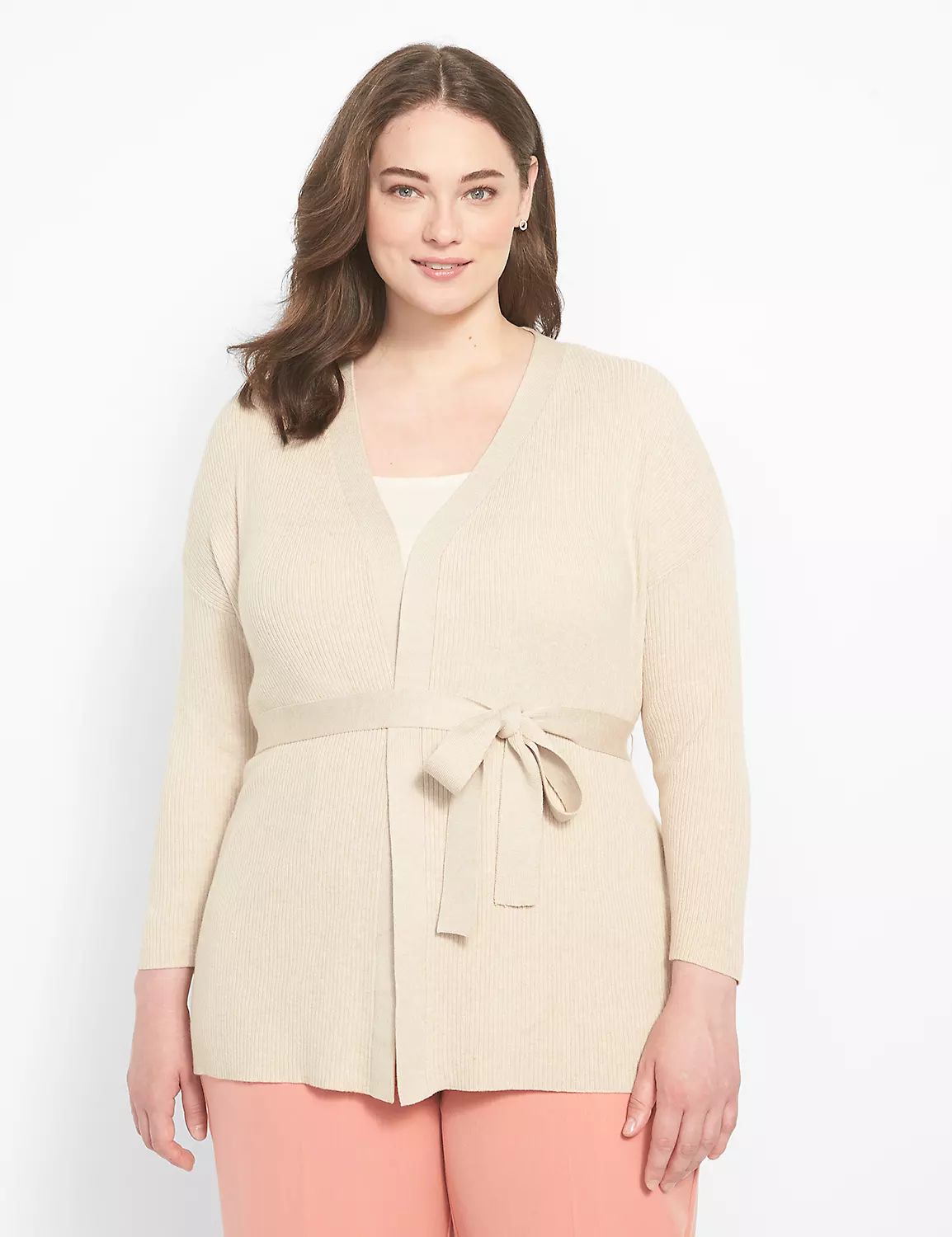 Fitted 3/4-Sleeve Open-Front Ribbed Belted Cardigan | LaneBryant | Lane Bryant (US)