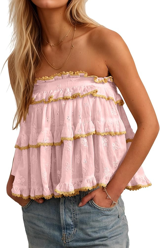 Women Contrast Tiered Ruched Flowy Lace Tube Top Layered Strapless Sleeveless Ruffled Y2k Loose T... | Amazon (US)