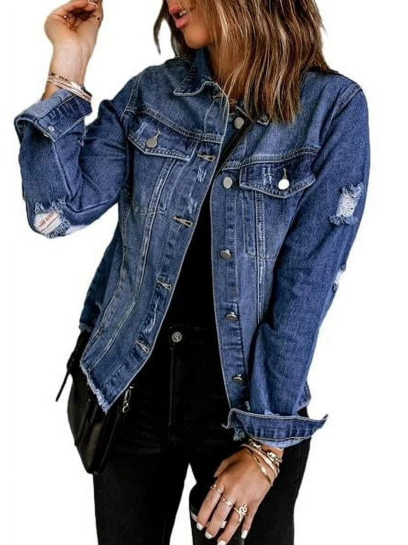 Eytino Jean Jacket for Women Long Sleeve Button Boyfriend Distressed Ripped Denim Jacket Coat wit... | Walmart (US)