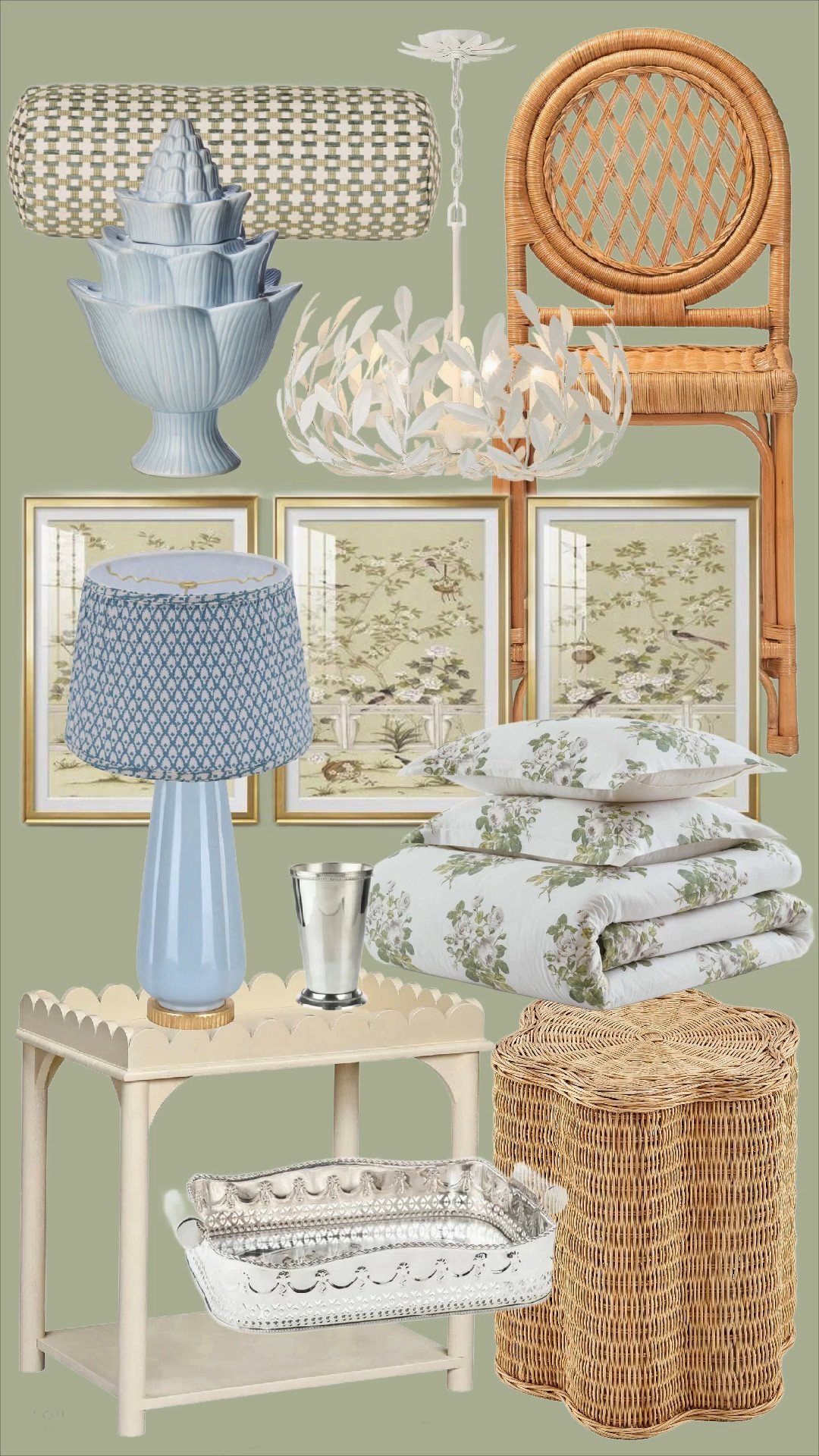 @Wayfair Home Decor Favorites! 

1. Sage + cream woven bolster pillow
2. Powder blue ceramic tulipierre 
3. White floral floor lamp
4. Natural rattan round-back accent chair
5. White botanical leaf chandelier
6. Set of framed chinoiserie garden prints
7. Blue ceramic table lamp with patterned shade
8. Green floral block-print pillow
9. Green floral quilt / coverlet
10. Classic silver julep cup
11. Cream scalloped-edge side table
12. Scalloped woven rattan hamper / basket
13. Silver pierced serving tray

Hashtags

#LTKHome #GrandmillennialStyle #GrandmillennialHome #TraditionalHome #ChinoiserieChic #EnglishCountryStyle #SouthernStyle #CollectedHome #CoastalGrandmother #HomeDecorFinds #ClassicInteriors #TheBrokeBrooke