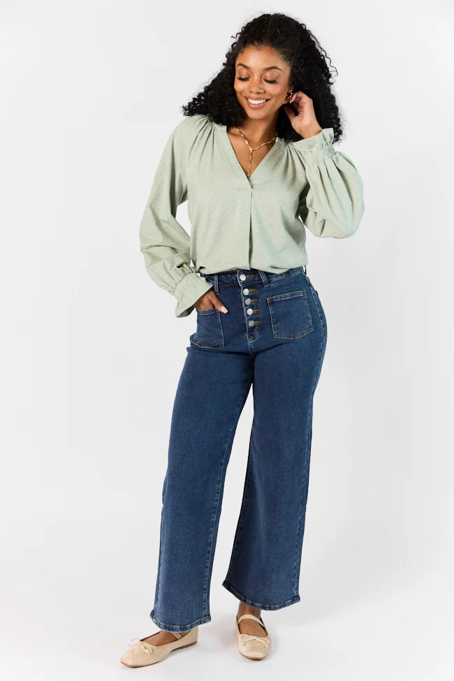 Simply You Sage Knit Notched Neck Long Sleeve Blouse | Pink Lily