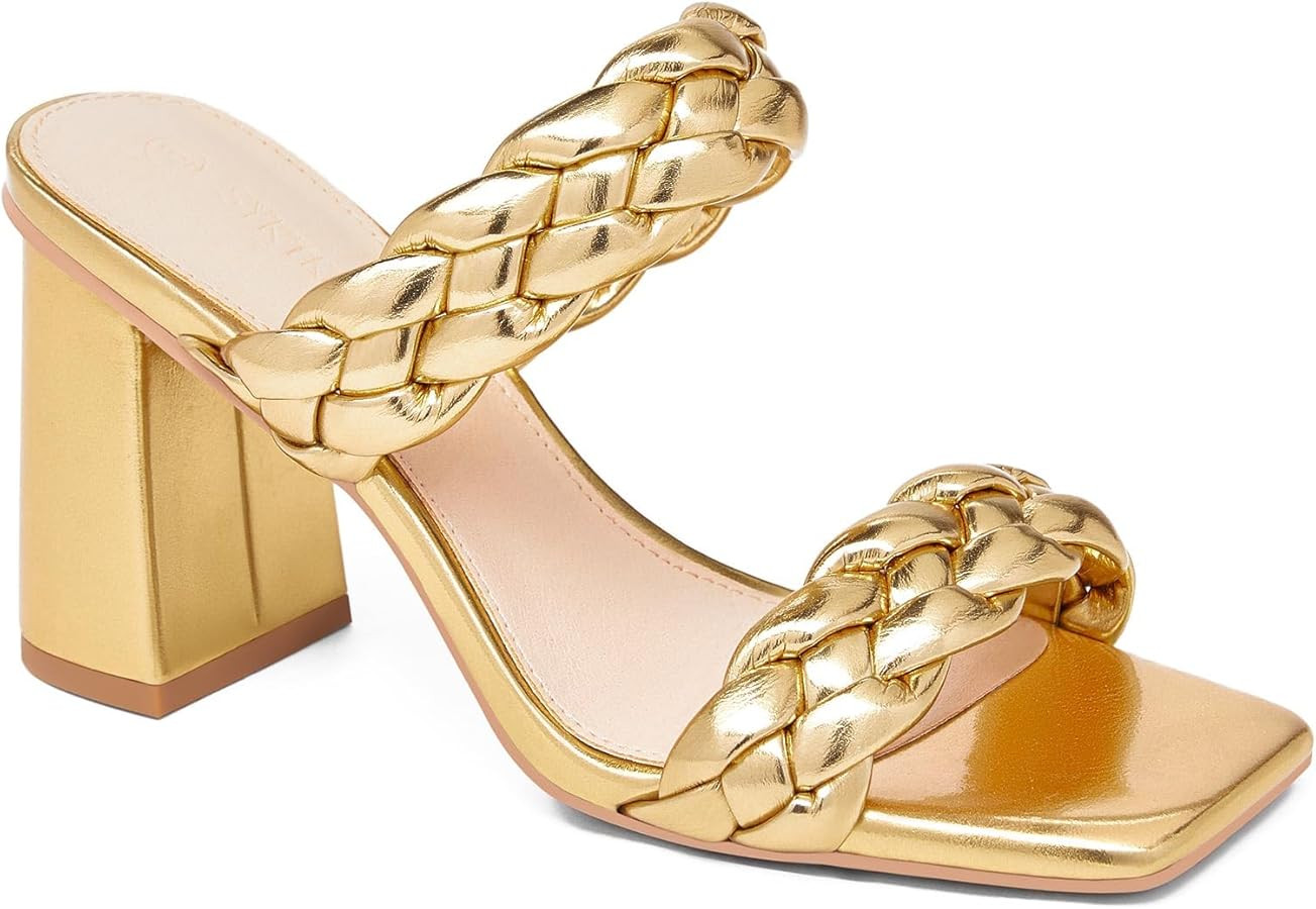 Amazon.com | Syktkmx Womens Braided Heeled Sandals Double Strap Heels Backless Square Open Toe Bl... | Amazon (US)