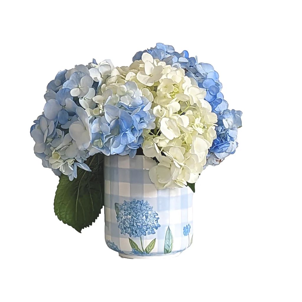 Lo Home x Chapple Chandler Large Gingham Vase/ Utensil Holder with Hydrangea Accents | Lo Home by Lauren Haskell Designs