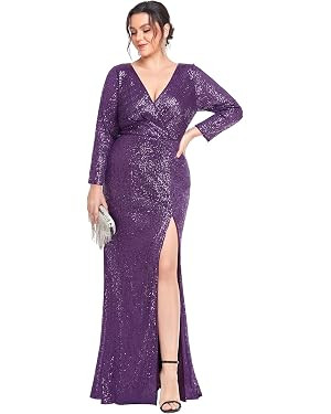 Ever-Pretty Women's Plus Size Long Sleeve Slit Sequin Maxi Evening Dresses 0824-PZUSA | Amazon (US)
