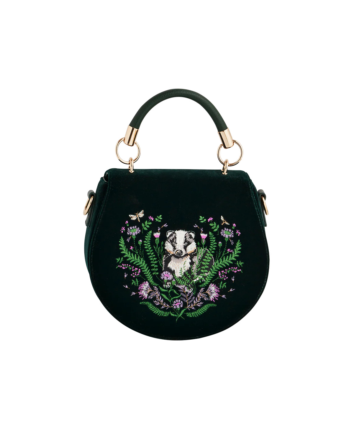 Green Badger Embroidered Top Handle Saddle Bag | Fable England