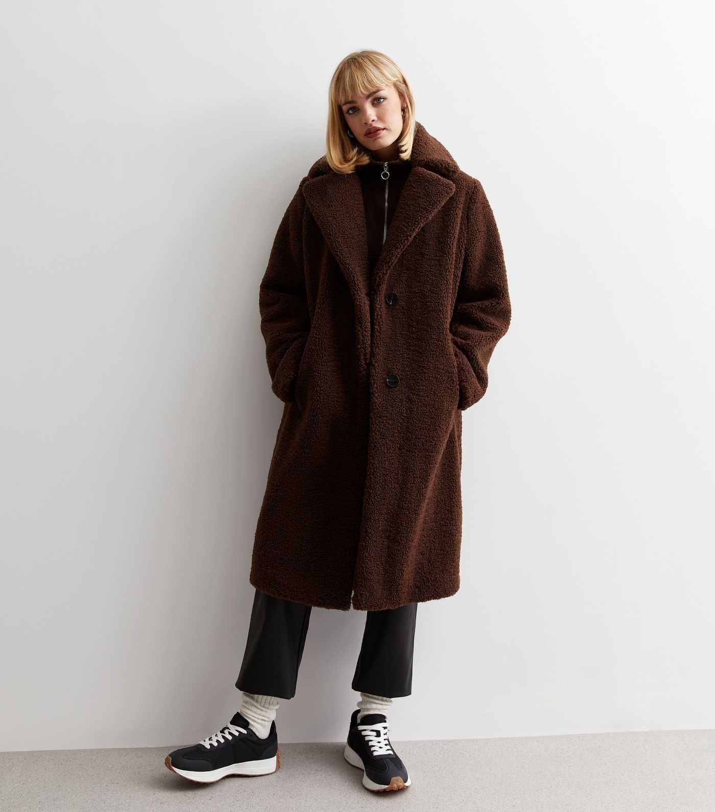 Dark Brown Teddy Long Coat | New Look | New Look (UK)