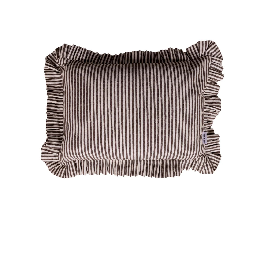 Ruffle Lumbar Pillow Cover Brown White Stripes | luxe bCO