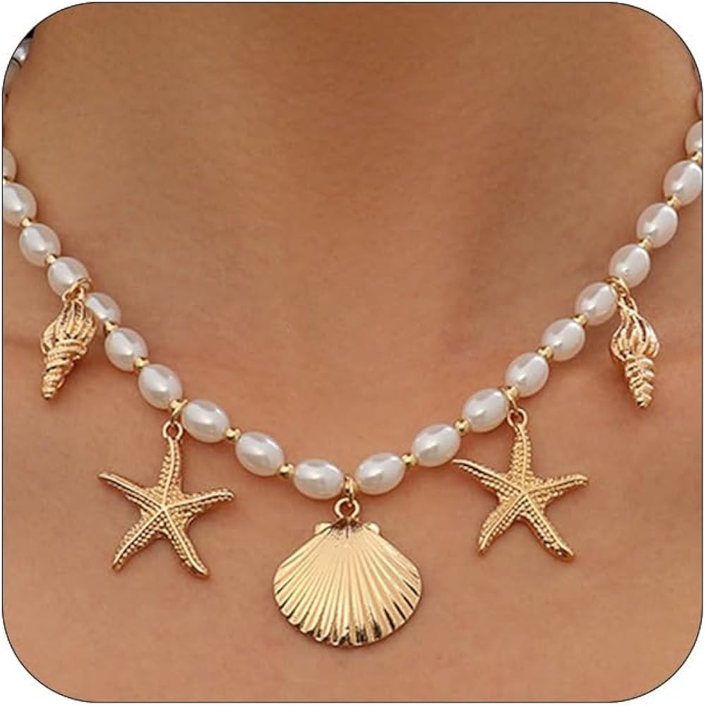Gold Starfish Conch Oval Pearl SeaShell Necklace for Women Trendy, Statement Boho Shell Pearls Be... | Amazon (US)