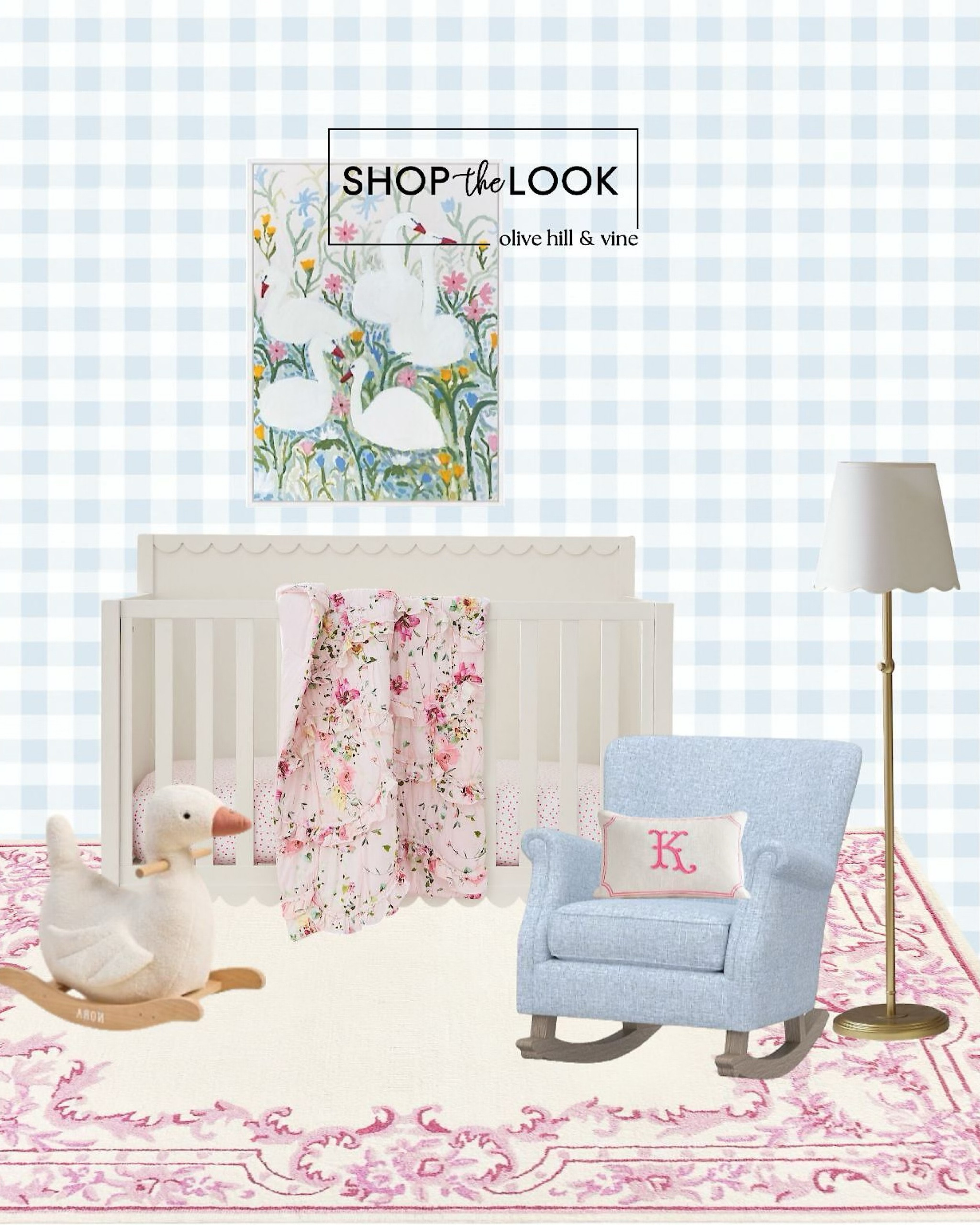 Dreaming up the perfect space for your little one? This girl's nursery pairs a pink and blue palette with a white scalloped convertible crib, a wingback rocker, gingham wallpaper, plush duckling ride-on, and Monique Lhuillier touches for a timeless, serene vibe. 

#LTKBump #LTKHome #LTKBaby